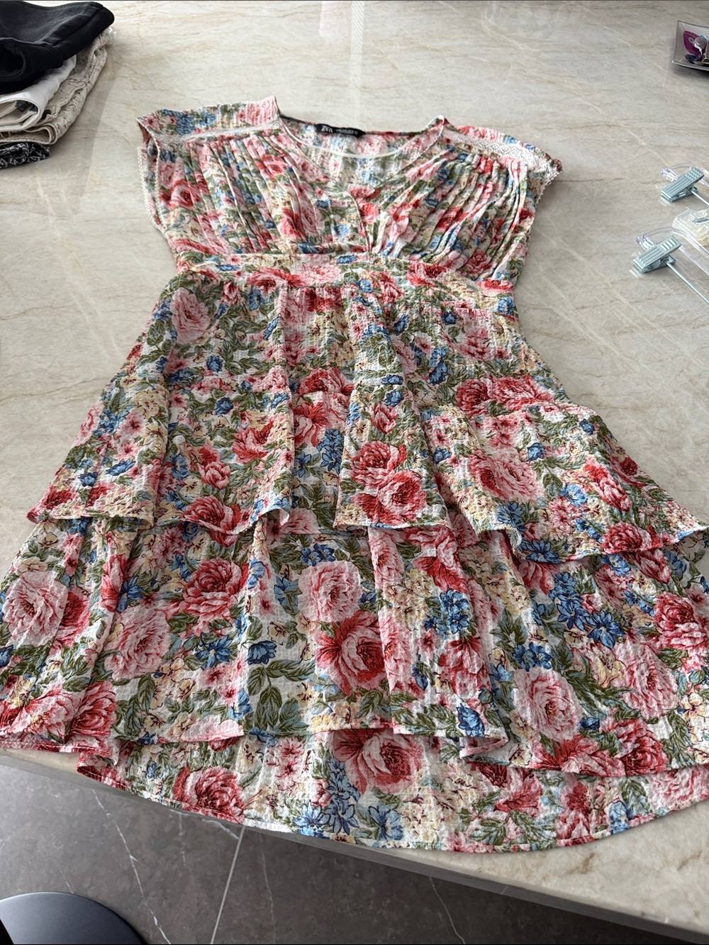 Zara Tiered Floral Dress in Pink, Blue and Green
